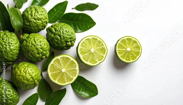 Fototapeta A close-up view of whole and halved bergamot fruits, showing their visible pulp and textured green skin.