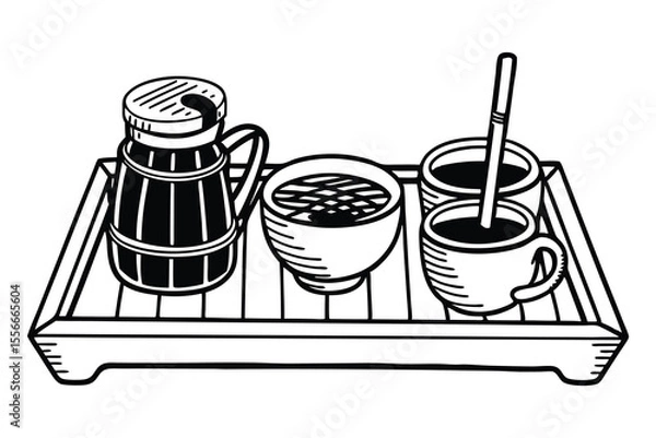 Fototapeta Simple black and white illustration of a tray with a coffee pot and small cups of various beverages.