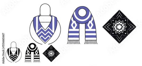 Fototapeta Stylish vector illustrations featuring scarves and geometric decorative elements with winter seasonal ornamental patterns in a minimal style