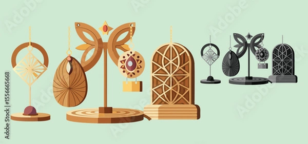 Fototapeta Stylish earrings displayed on decorative stands with intricate geometric patterns in a collection for design concepts