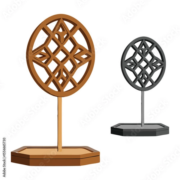 Fototapeta Two decorative geometric objects in brown and gray colors on a white background for design usage.