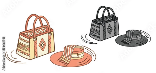 Fototapeta Vector illustration of a beach bag and hat set with patterned designs for summer vacation time.