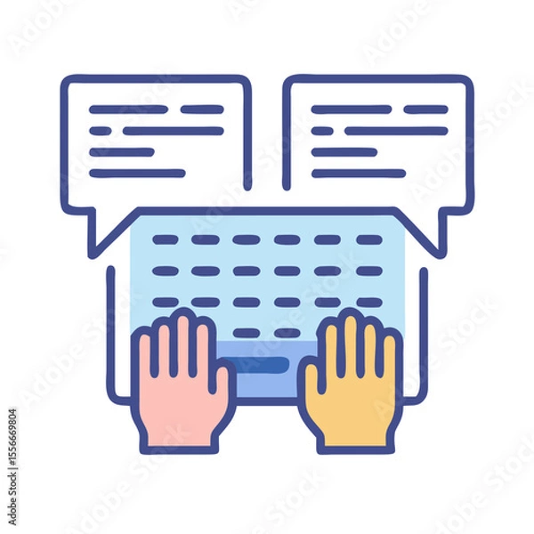 Fototapeta Online Communication: Hands Typing on Keyboard with Speech Bubbles, Representing Digital Dialogue