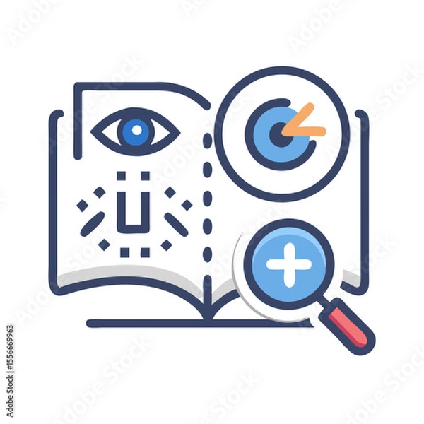 Fototapeta Data Analysis and Identification Book with Magnifying Glass and Eye Icon