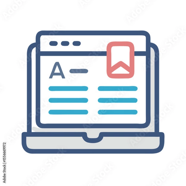 Fototapeta Stylized laptop icon with bookmark, representing online education and data management, isolated on black
