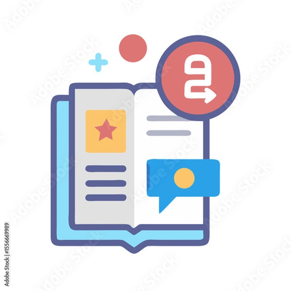 Fototapeta Flat illustration of book with star, chat bubble and arrow pointing right on black background