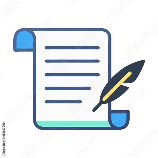 Fototapeta Stylized quill pen and paper scroll illustration with vibrant colors for design concepts