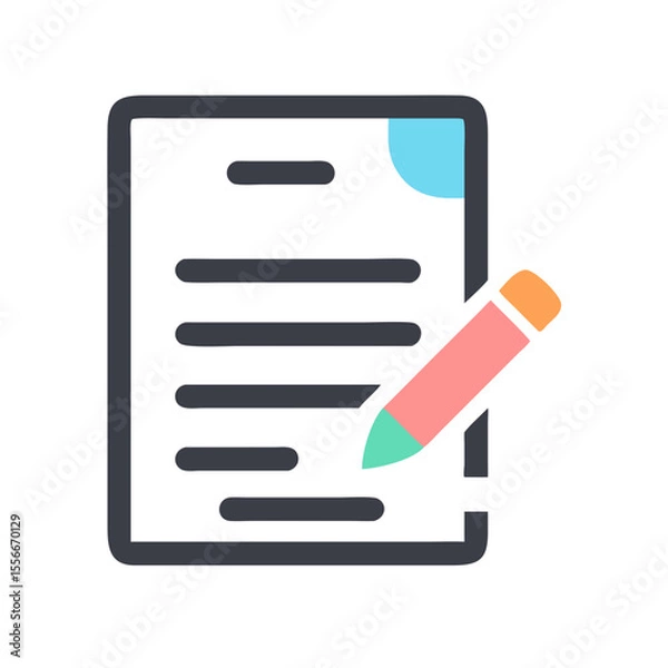 Fototapeta Simple stylized icon illustration depicting document with text lines and pink pencil on black background