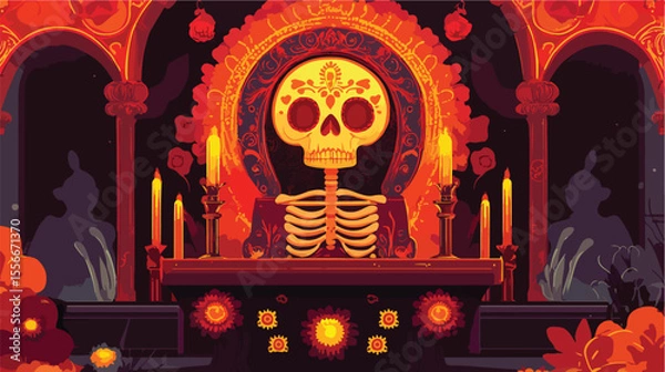 Obraz Day of the Dead Skull with Altar in Flat Vector Style