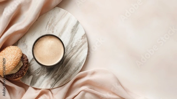 Obraz Coffee And Burger Breakfast On Pale Pink Surface
