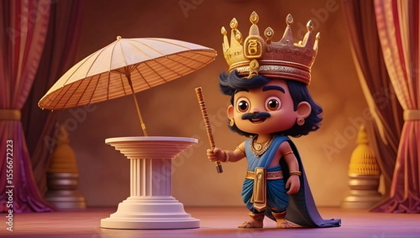 Fototapeta Cute 3D Render of Vamana Avatar with an Umbrella for Onam Festival