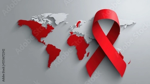 Obraz Red Ribbon Awareness World Map Graphic Design