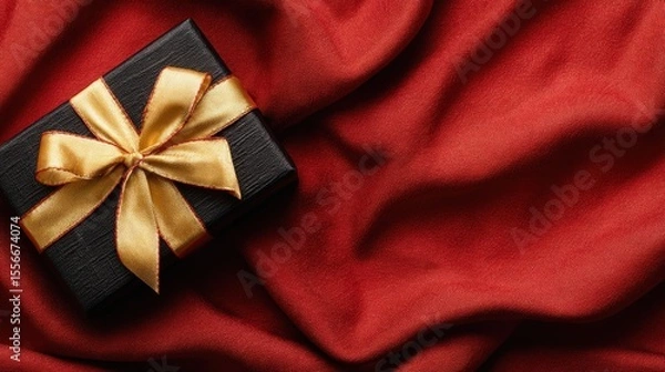 Obraz Gift Box With Gold Ribbon On Red Fabric