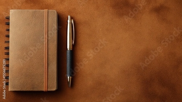 Obraz Brown Leather Spiral Bound Notebook And Pen On Brown Leather Background