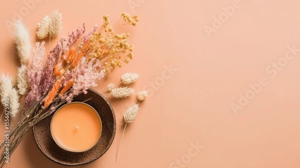 Obraz Dried Flower Arrangement With Candle On Peach Background