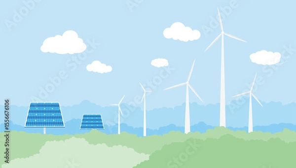 Fototapeta Clean Energy Fields, Solar Panels and Wind Turbines ,technology power saving, vector design