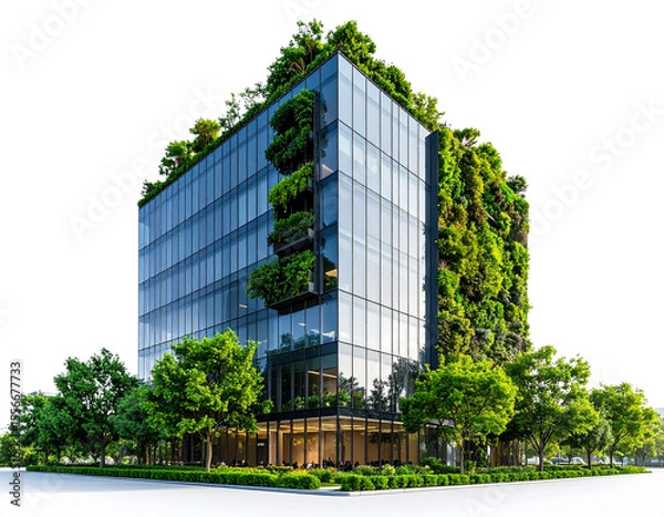Fototapeta Sustainable Glass Skyscraper with Vertical Garden and Tree-Lined Street, Isolated on White