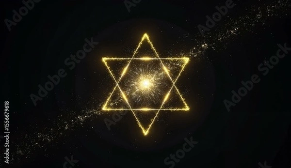 Fototapeta Golden Star of David with Radiant Light and Sparkling Trail on Dark Background