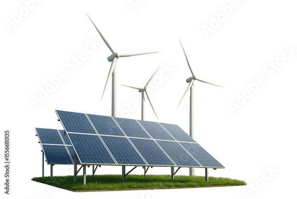 Fototapeta Solar panels and wind turbines on green grass against Isolyate on transparent background 