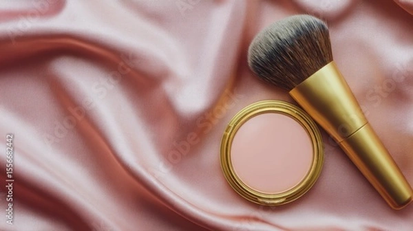 Obraz Pink Blush Powder And Brush On Satin Fabric. Flat Lay Background 