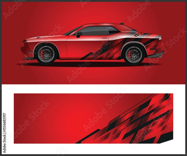 Fototapeta Red Sports Car with Black Graphics and Matching Wrap Design Template