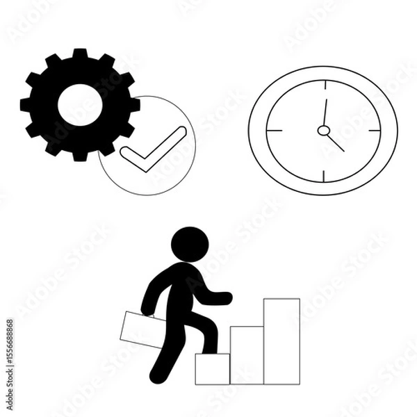 Obraz Goal oriented business icon set, target for objectives, gears for process, clocks for time management. Ideal for strategic planning, operational excellence, and achievement. Modern vector collection.