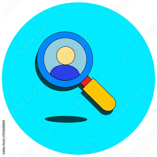 Obraz Insightful icon: magnifying glass over person. Perfect for recruitment, talent search, HR, and employment services. Conveys careful candidate selection and finding the right fit. Clean vector design.