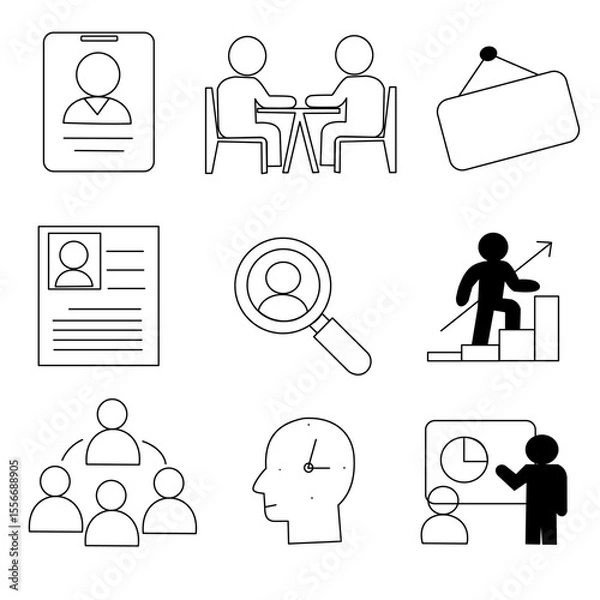 Obraz Diverse business icon set: people for teamwork, lightbulb for ideas, abstract for strategy. Perfect for corporate, HR, innovation, and communication designs. Modern, professional vector collection.
