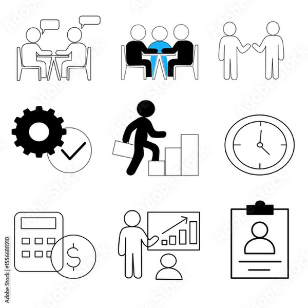 Obraz Versatile business icon set: gears for process, clocks for time, documents for admin, people for teamwork. Essential for corporate reports, websites, infographics. Professional vector collection.