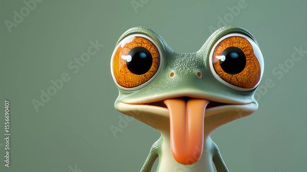 Fototapeta A cartoon frog with a tongue sticking out is sitting on a green background. The frog's tongue is long and pink, and it is sticking out of its mouth. The image has a playful and lighthearted mood