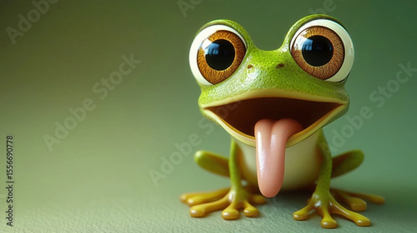 Fototapeta A cartoon frog with a tongue sticking out is sitting on a green background. The frog's tongue is long and pink, and it is sticking out of its mouth. The image has a playful and lighthearted mood