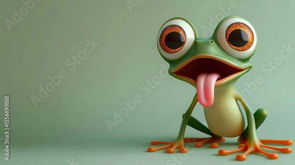 Fototapeta A cartoon frog with a tongue sticking out is sitting on a green background. The frog's tongue is long and pink, and it is sticking out of its mouth. The image has a playful and lighthearted mood
