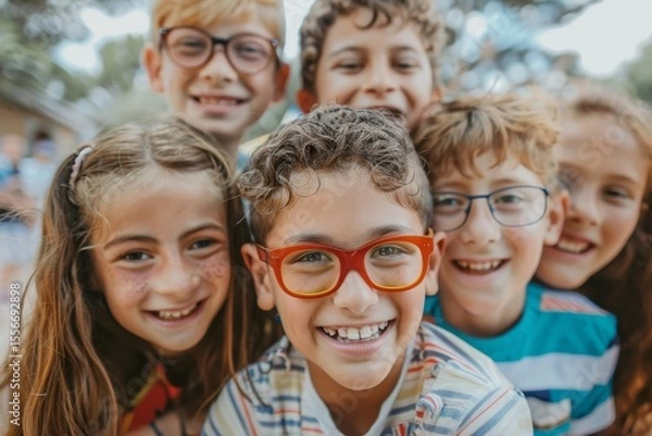 Obraz Portrait of a group of children with glasses looking at camera.