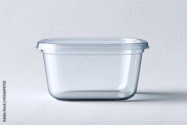 Fototapeta A clear plastic food container with its lid sits on a bright white surface, ready for meal prep.