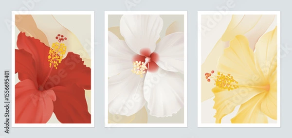 Obraz Flower wall art set, minimalist stylized hibiscus flowers on a soft abstract background
