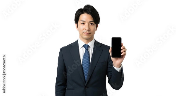 Fototapeta スーツ姿の若いシステムエンジニアがスマートフォンを正面に提示する白背景のビジネスポートレート、アプリ開発やITサービスの提案イメージ - 生成AI