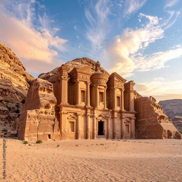 Fototapeta Awe-inspiring view of the monastery of petra in jordan surrounded by dramatic cliffs