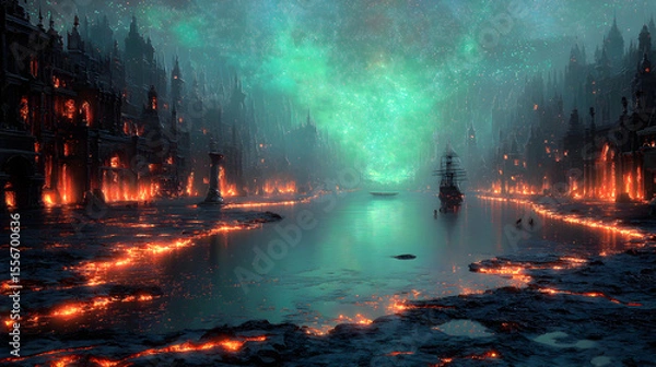 Fototapeta Hyperrealistic Greek Mythology Underworld PNG Material | Phlegethon River, Charon's Ship, Punished Souls, Hades Palace, Erebus Sky, Chthonic Realm