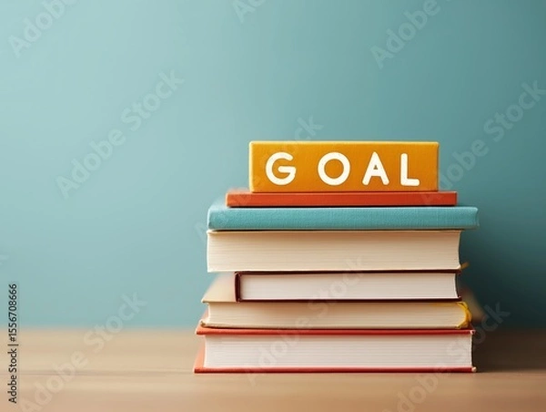 Fototapeta  An inviting stack of books, topped with a bold 'GOAL' sign, embodies the power of learning and focus in achieving aspirations.Generative ai illustration