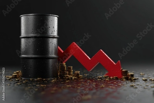 Obraz Crude oil barrel with red downward arrow and Brent oil label, symbolizing oil price drop after ceasefire.