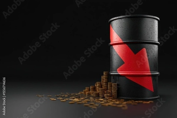 Obraz Crude oil barrel with red downward arrow and Brent oil label, symbolizing oil price drop after ceasefire.