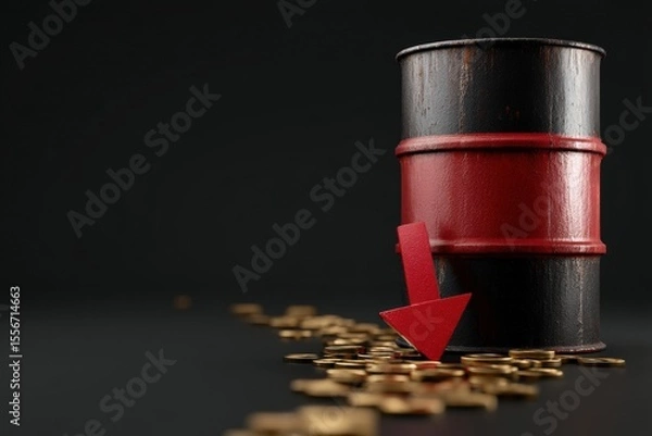 Obraz Crude oil barrel with red downward arrow and Brent oil label, symbolizing oil price drop after ceasefire.