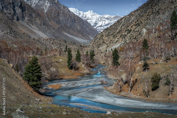 Obraz Mountain Stream Winding Through Bare Trees and Snowy Peaks
