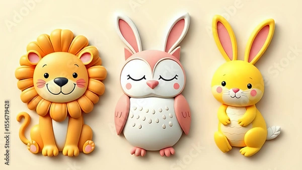 Obraz Cute 3D Embossed Animals 3D embossed clipart of playful animals (like a smiling lion, a sleepy owl, or a hopping bunny) with raised textures.KIDS ROOM WALLPAPER 