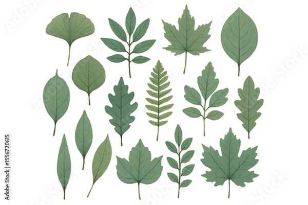 Fototapeta Collection of Hand Drawn Botanical Leaf Illustrations Featuring Various Leaf Shapes and Textures in Soft Green Tones