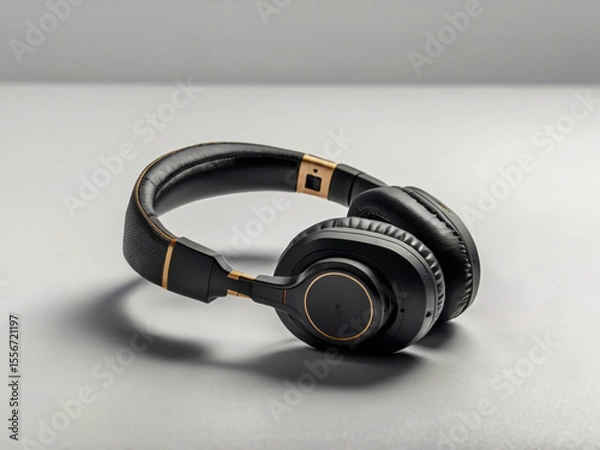 Fototapeta A modern black wireless headphones set placed neatly on a pure white backdrop