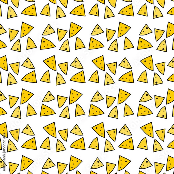 Fototapeta Seamless pattern with cartoon nacho chips a lot on white background. Mexican food. Vector illustration