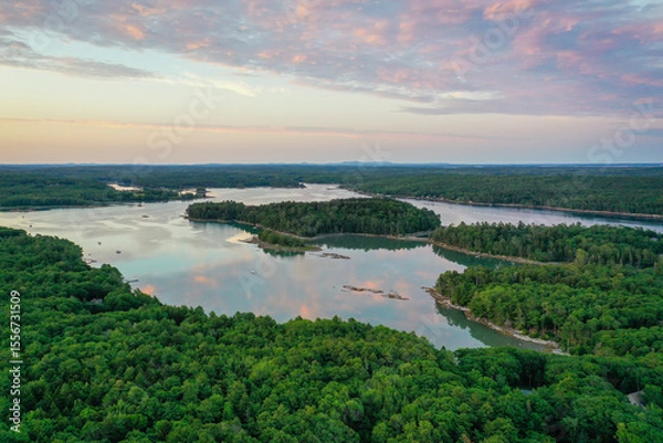 Obraz South Bristol, Maine, Midcoast, early summer aerial sunset of McFarlands Cove and Johns Bay