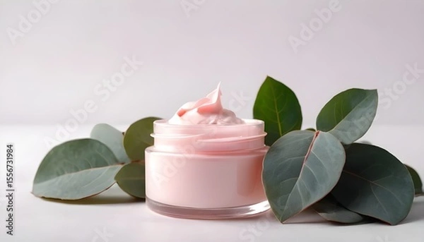 Fototapeta Face and body cream displayed on a soft background. This is the essence of care cosmetics infused with rose and eucalyptus. Emphasizing health and beauty. There's space to personalize it.