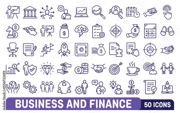 Fototapeta Collection of 50 business and finance line icons representing growth strategy teamwork and financial success